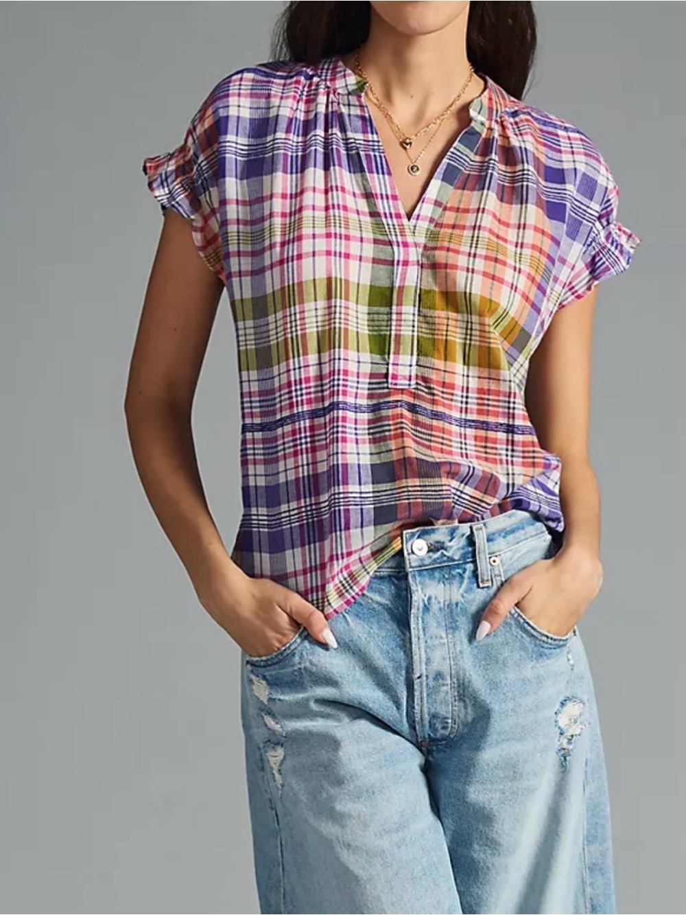 Pilcro Multicolor Plaid Split-Neck Short Sleeve Top